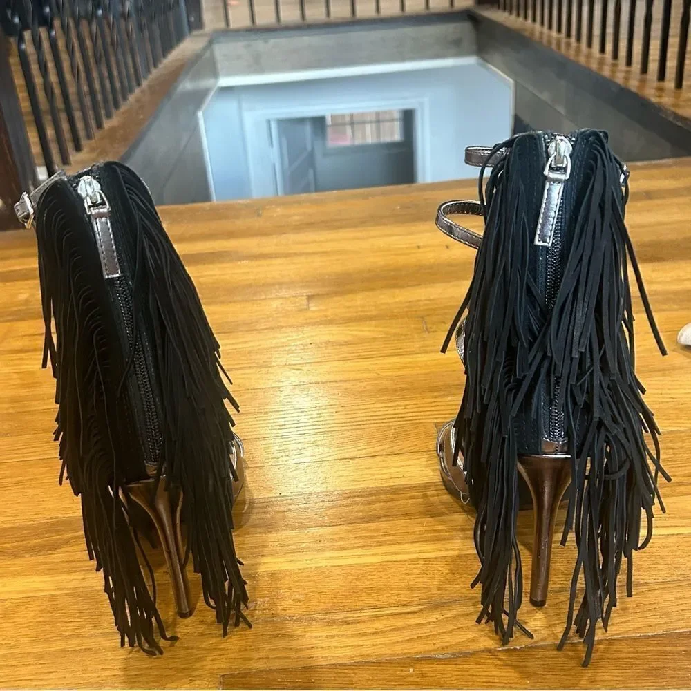 Nasty Gal String Your Heart Out Fringe Tassel Pewter Silver Stiletto Heels - Picture 4 of 9